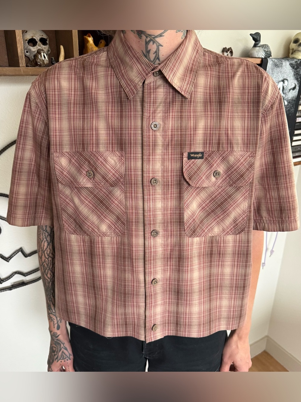 Wrangler Cropped Earthy Plaid SS Button Down Shirt ~ Size Medium
